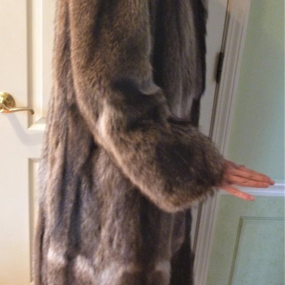 Long Racoon Real Fur Long Coat L Women Brown Gray USA Slit Ear Muffs Set - Picture 14 of 15